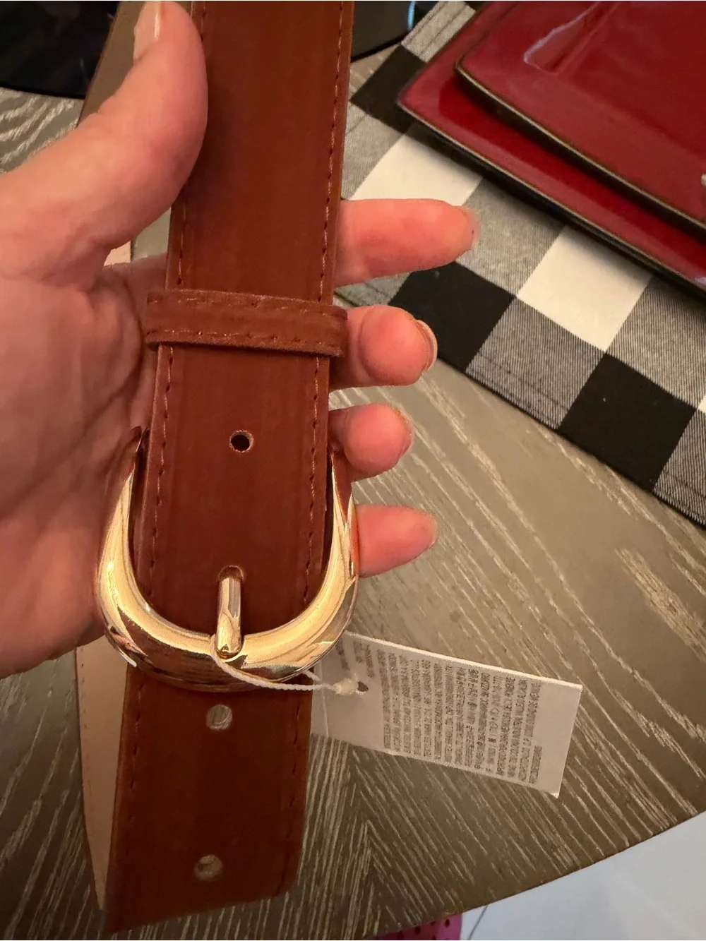 Zara Tan/Brown Leather Belt with Gold-Tone Buckle